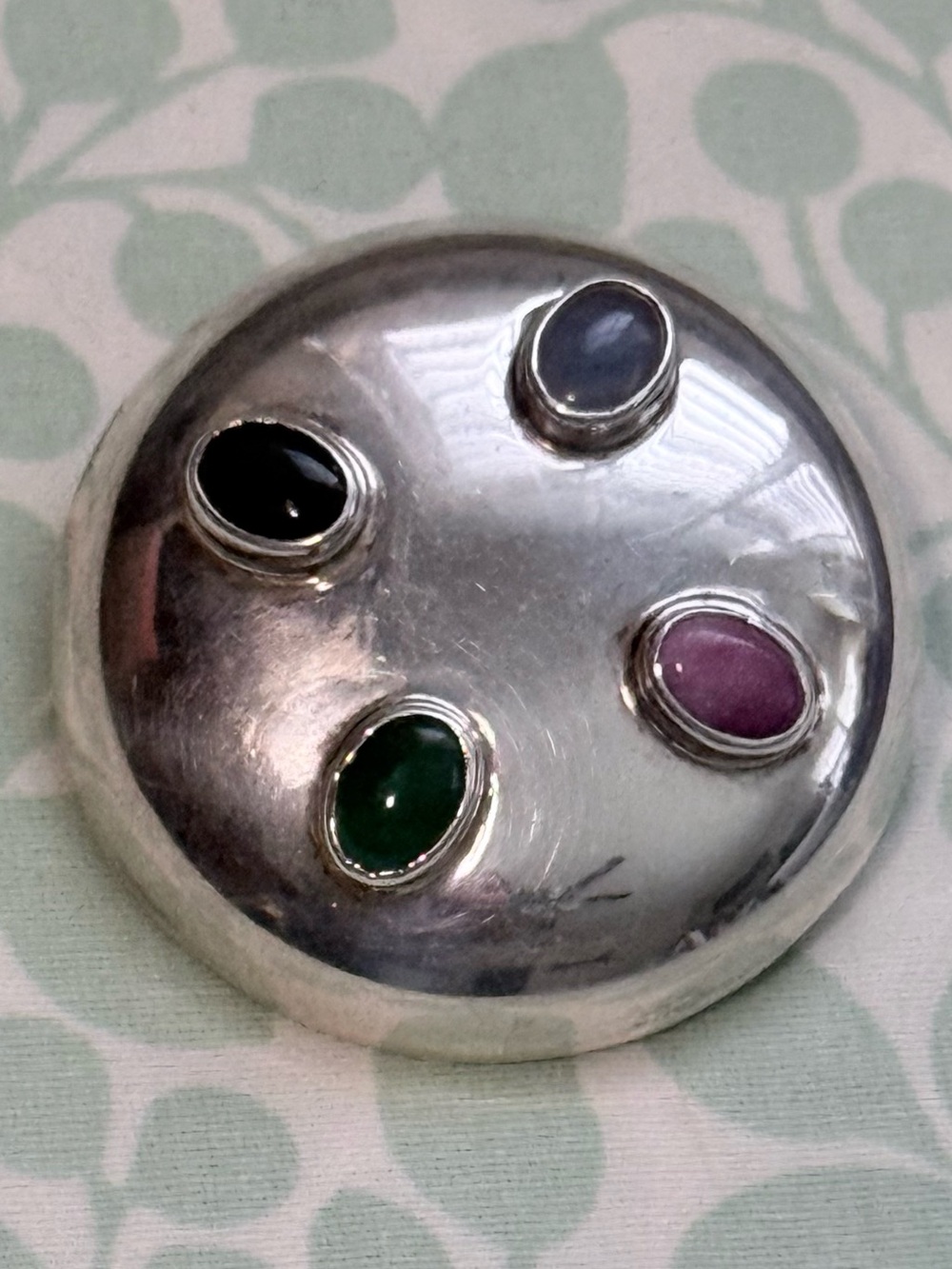 Sterling Silver Multi-Stone Round Brooch - Green, Black, Blue, Purple